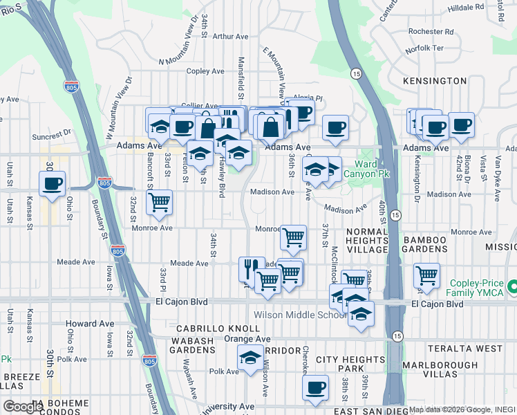 map of restaurants, bars, coffee shops, grocery stores, and more near 4599 35th Place in San Diego