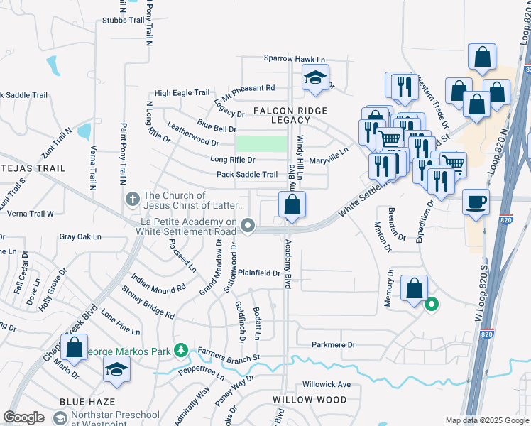 map of restaurants, bars, coffee shops, grocery stores, and more near 9920 White Settlement Rd in Fort Worth