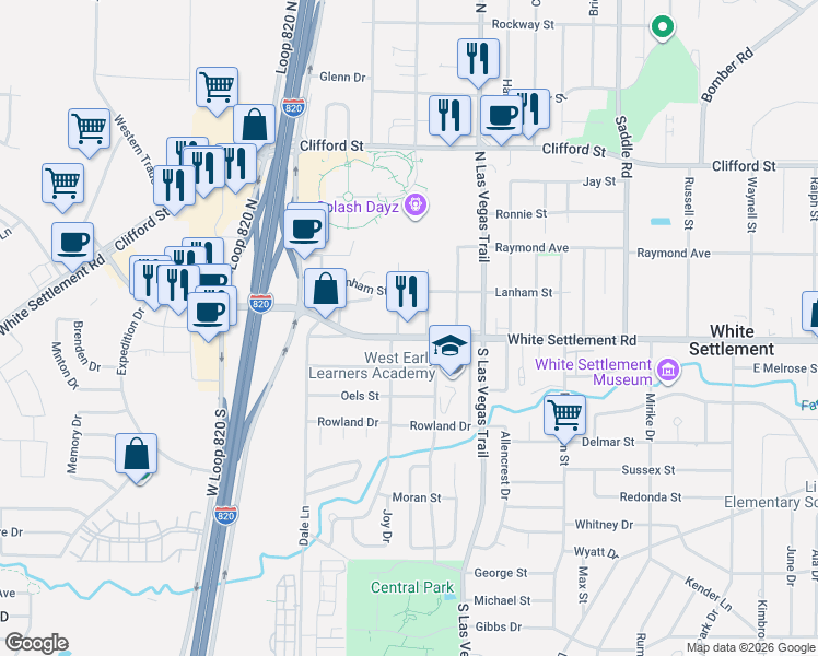 map of restaurants, bars, coffee shops, grocery stores, and more near 9016 White Settlement Road in White Settlement