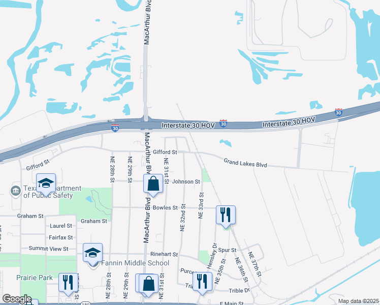 map of restaurants, bars, coffee shops, grocery stores, and more near 3845 Gifford Street in Grand Prairie
