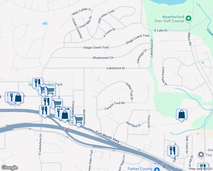 map of restaurants, bars, coffee shops, grocery stores, and more near 605 Valley Trail Drive in Weatherford