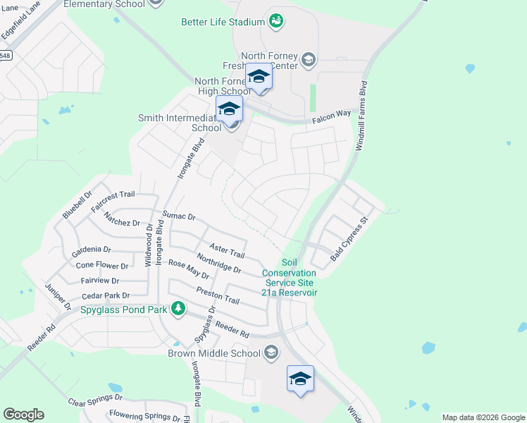map of restaurants, bars, coffee shops, grocery stores, and more near 3043 Chico Drive in Forney