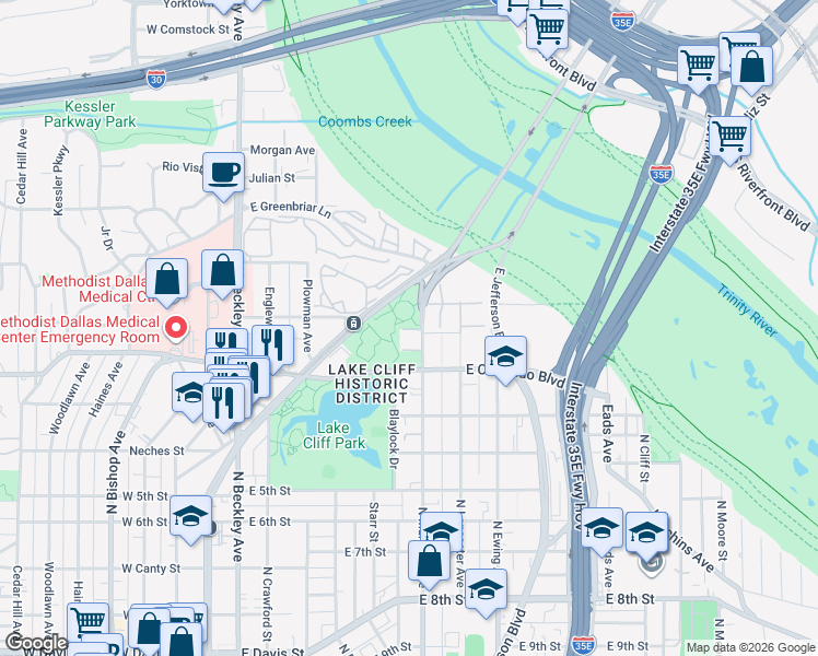map of restaurants, bars, coffee shops, grocery stores, and more near 931 North Marsalis Avenue in Dallas