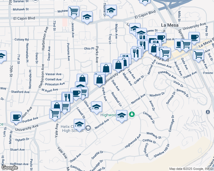 map of restaurants, bars, coffee shops, grocery stores, and more near 7631 University Avenue in La Mesa
