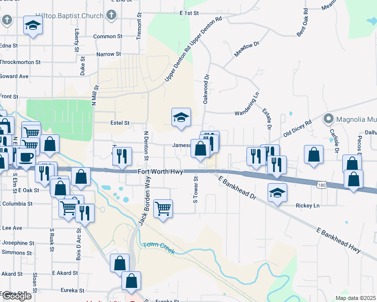 map of restaurants, bars, coffee shops, grocery stores, and more near 106 Obrien Court in Weatherford