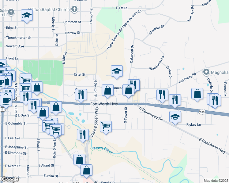 map of restaurants, bars, coffee shops, grocery stores, and more near 106 Henson Court in Weatherford