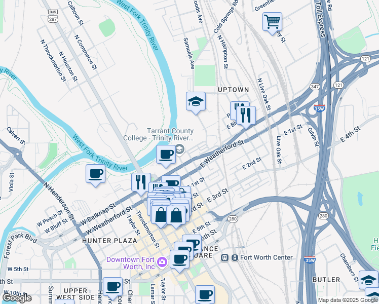 map of restaurants, bars, coffee shops, grocery stores, and more near 604 East Bluff Street in Fort Worth