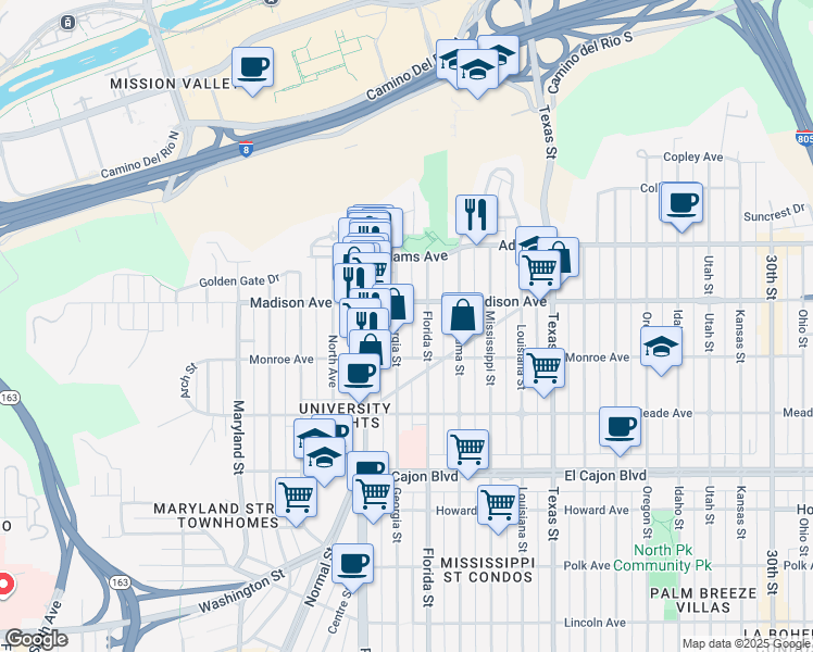 map of restaurants, bars, coffee shops, grocery stores, and more near 4545 Georgia Street in San Diego