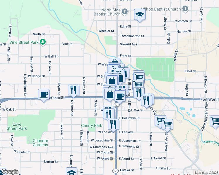 map of restaurants, bars, coffee shops, grocery stores, and more near 127 York Ave in Weatherford