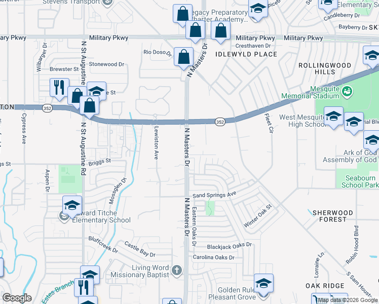 map of restaurants, bars, coffee shops, grocery stores, and more near 2802 North Masters Drive in Dallas