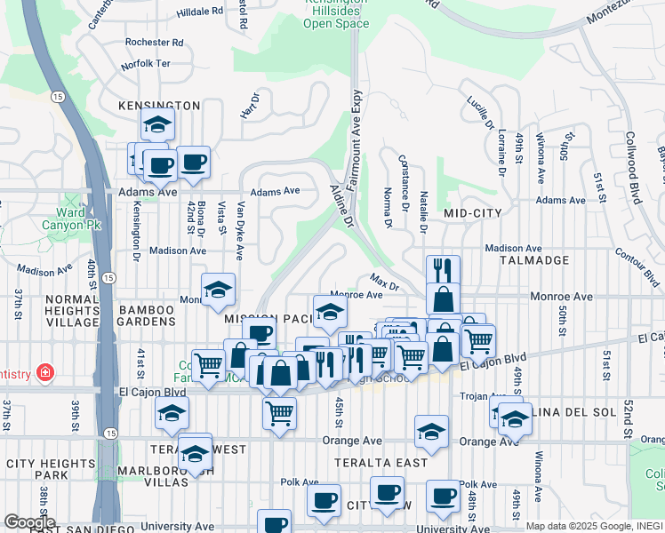 map of restaurants, bars, coffee shops, grocery stores, and more near 4551 Highland Avenue in San Diego