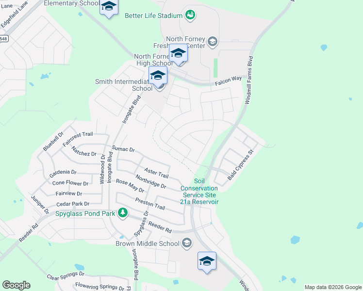 map of restaurants, bars, coffee shops, grocery stores, and more near 3043 Chico Drive in Forney