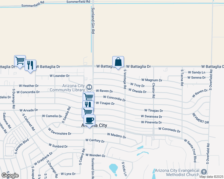 map of restaurants, bars, coffee shops, grocery stores, and more near 9418 West Raven Drive in Arizona City