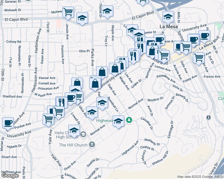 map of restaurants, bars, coffee shops, grocery stores, and more near 4460 Dale Avenue in La Mesa