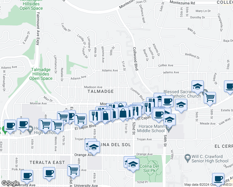 map of restaurants, bars, coffee shops, grocery stores, and more near 4555 Altadena Avenue in San Diego