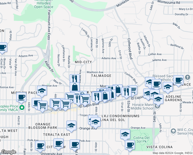 map of restaurants, bars, coffee shops, grocery stores, and more near in San Diego