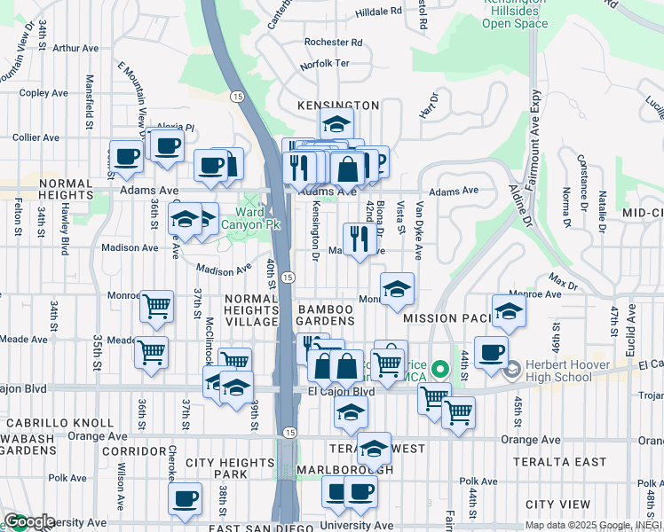 map of restaurants, bars, coffee shops, grocery stores, and more near 4548 Marlborough Drive in San Diego