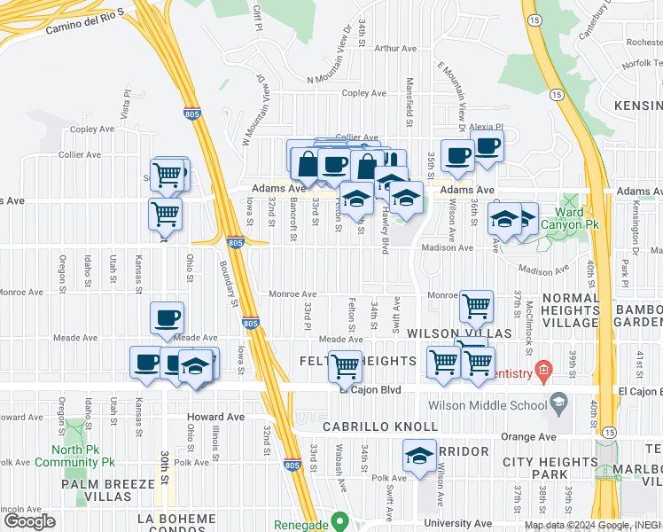 map of restaurants, bars, coffee shops, grocery stores, and more near 4546 34th Street in San Diego