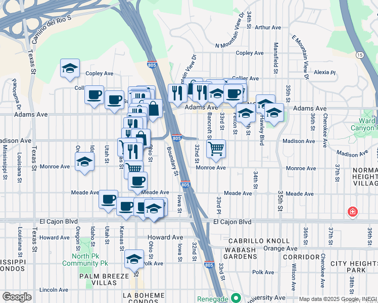 map of restaurants, bars, coffee shops, grocery stores, and more near 4557 Iowa Street in San Diego