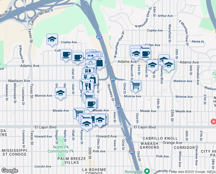 map of restaurants, bars, coffee shops, grocery stores, and more near 4541 Illinois Street in San Diego