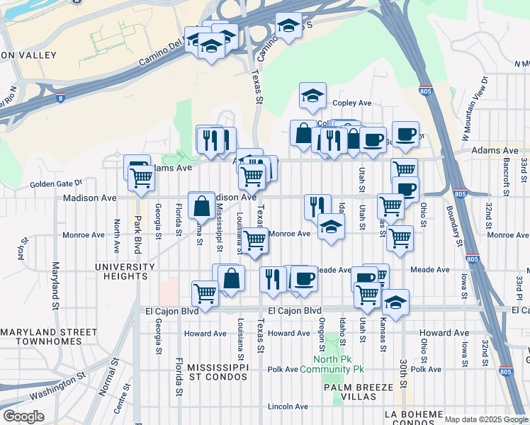map of restaurants, bars, coffee shops, grocery stores, and more near 4546 Arizona Street in San Diego