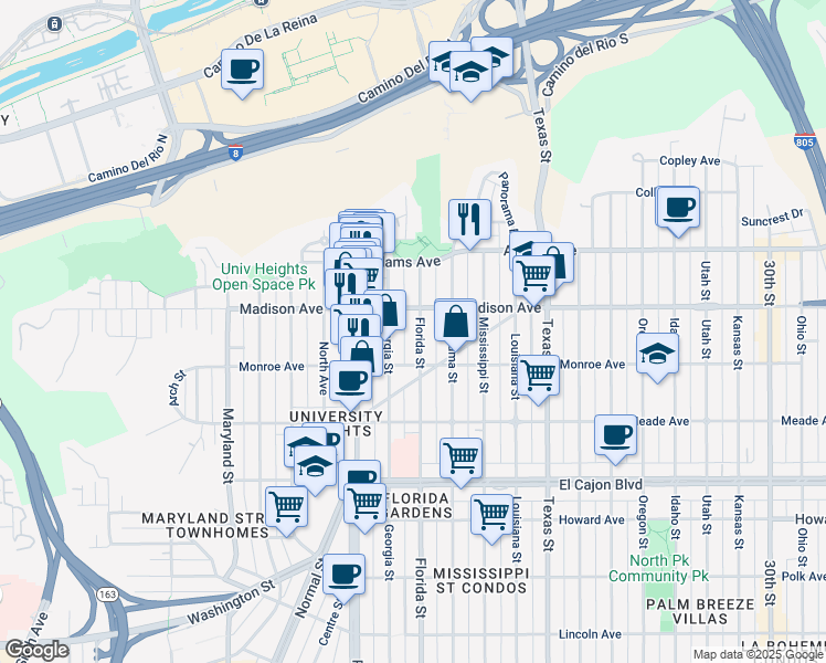 map of restaurants, bars, coffee shops, grocery stores, and more near 4546 Florida Street in San Diego