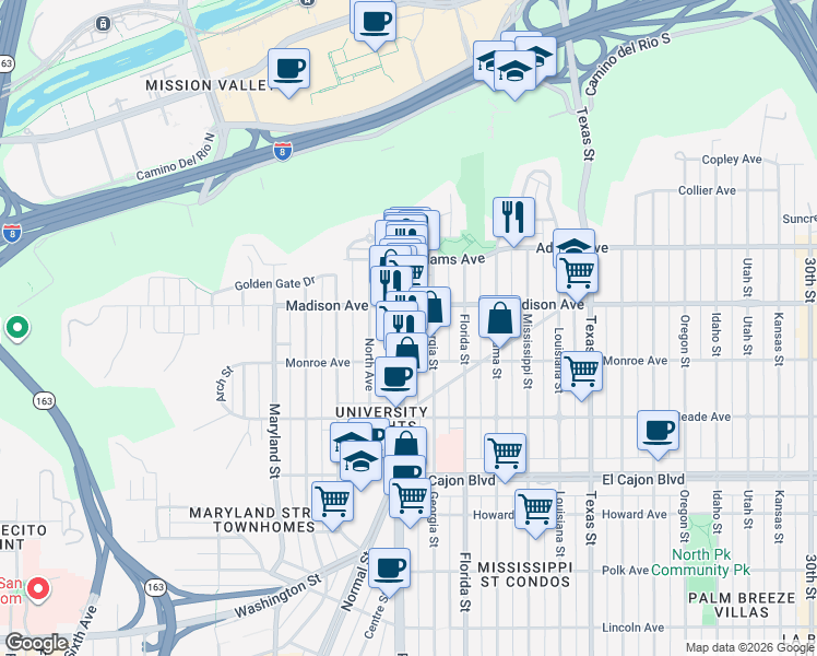 map of restaurants, bars, coffee shops, grocery stores, and more near 4546-48 Georgia Street in San Diego