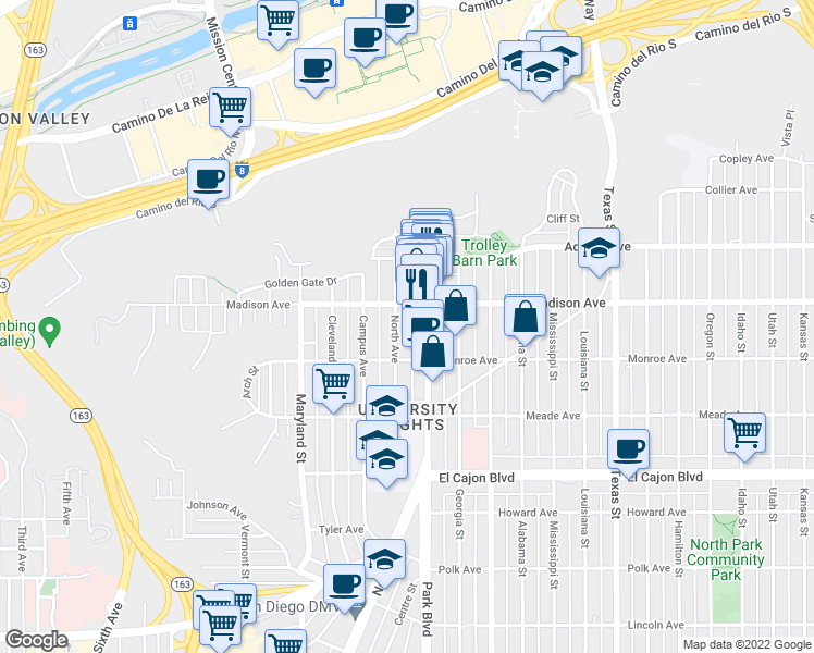 map of restaurants, bars, coffee shops, grocery stores, and more near 4553 North Avenue in San Diego