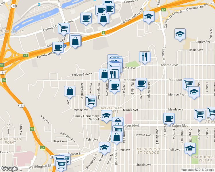 map of restaurants, bars, coffee shops, grocery stores, and more near 4553 North Avenue in San Diego