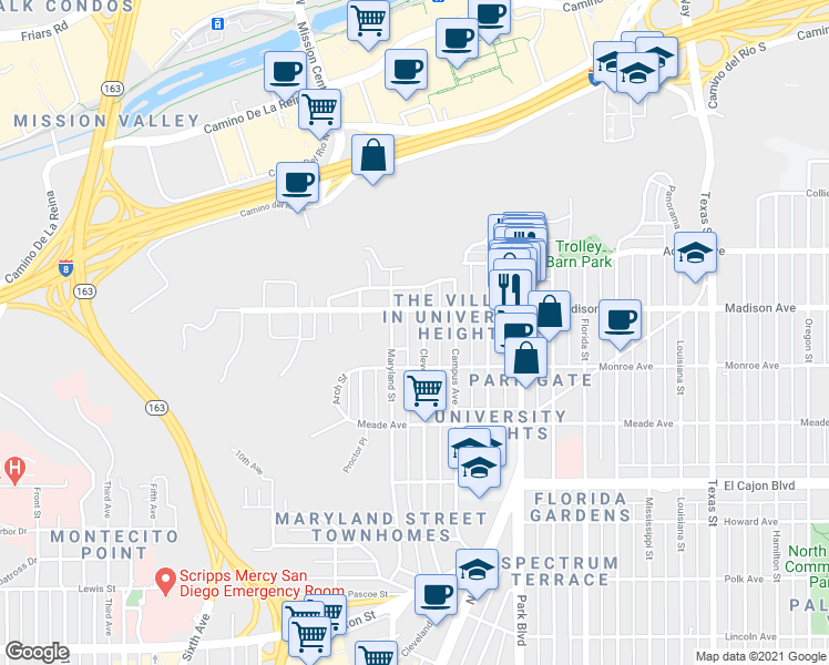 map of restaurants, bars, coffee shops, grocery stores, and more near 4543 Cleveland Avenue in San Diego
