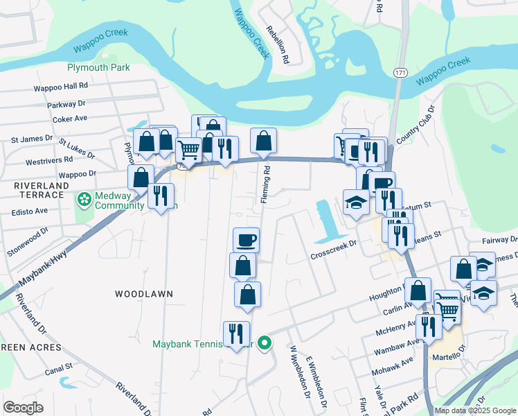 map of restaurants, bars, coffee shops, grocery stores, and more near 247 Fleming Road in Charleston