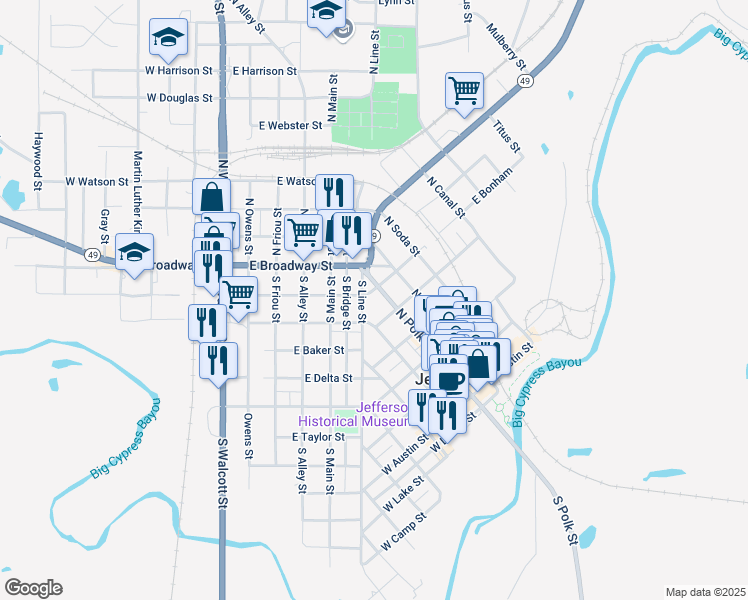 map of restaurants, bars, coffee shops, grocery stores, and more near 523 North Polk Street in Jefferson