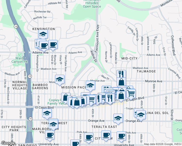 map of restaurants, bars, coffee shops, grocery stores, and more near 4551 Highland Avenue in San Diego
