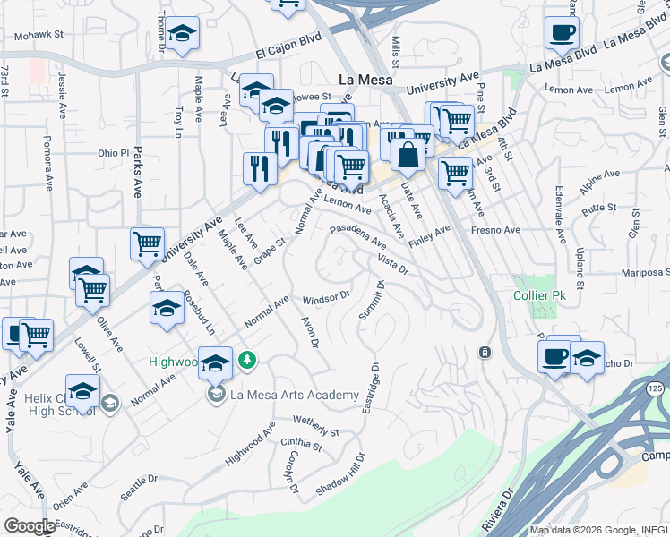map of restaurants, bars, coffee shops, grocery stores, and more near 7925 Pasadena Avenue in La Mesa