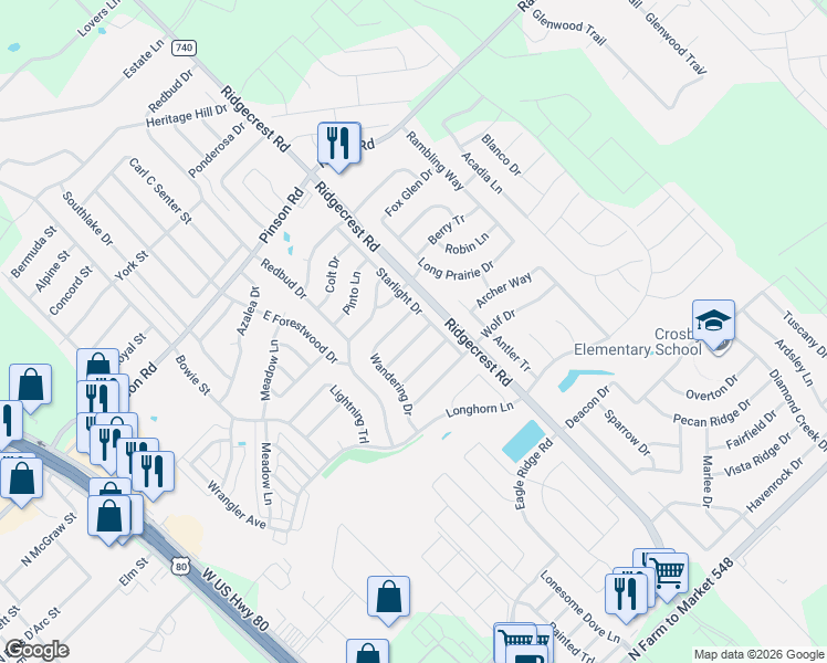 map of restaurants, bars, coffee shops, grocery stores, and more near 148 Wandering Drive in Forney