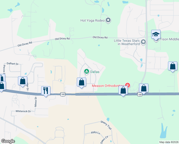 map of restaurants, bars, coffee shops, grocery stores, and more near 229 Willow Creek Drive in Weatherford