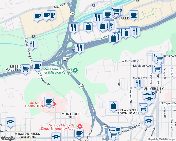 map of restaurants, bars, coffee shops, grocery stores, and more near 4487 Caminito Fuente in San Diego