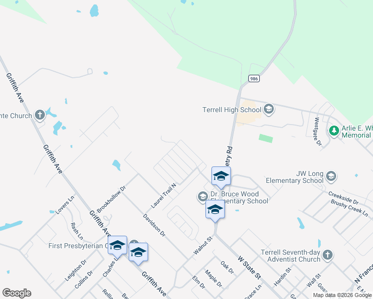 map of restaurants, bars, coffee shops, grocery stores, and more near 1008 Meridith Drive in Terrell