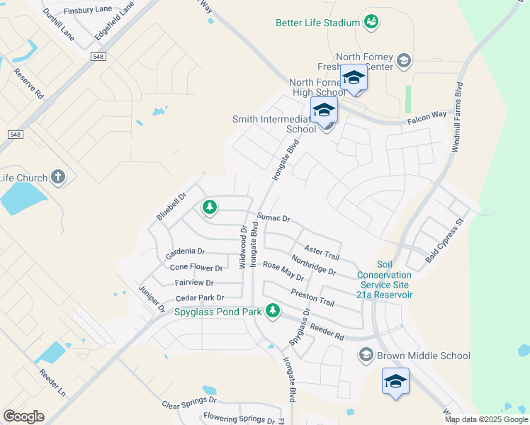 map of restaurants, bars, coffee shops, grocery stores, and more near 2000 Dewberry Court in Forney