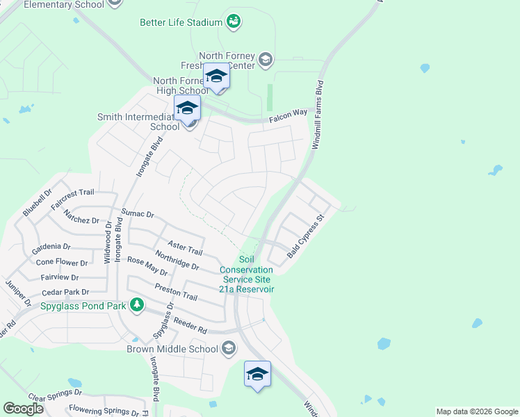 map of restaurants, bars, coffee shops, grocery stores, and more near 3125 Angus Drive in Forney