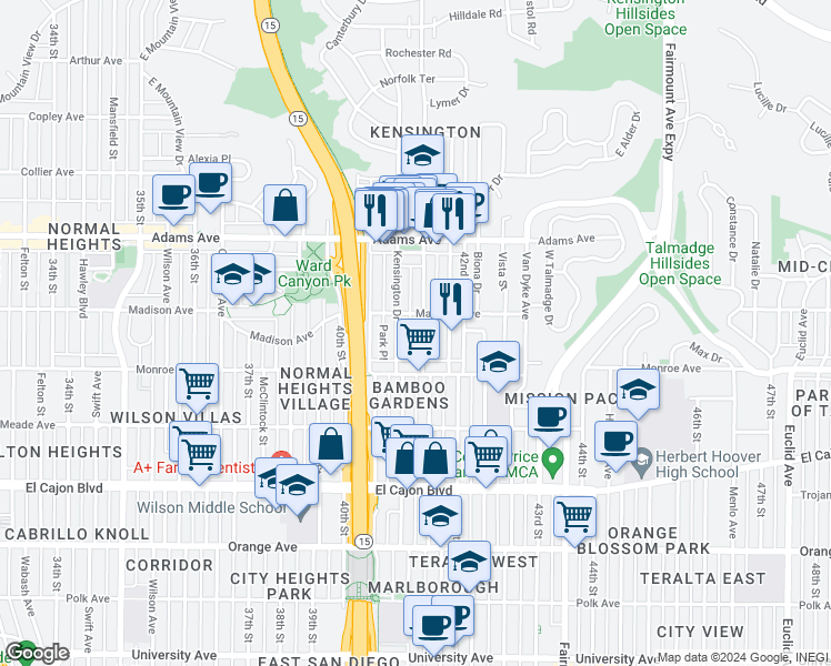 map of restaurants, bars, coffee shops, grocery stores, and more near 4554 Marlborough Drive in San Diego