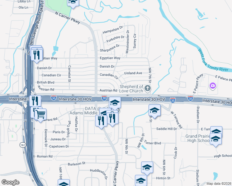 map of restaurants, bars, coffee shops, grocery stores, and more near 817 Austrian Road in Grand Prairie