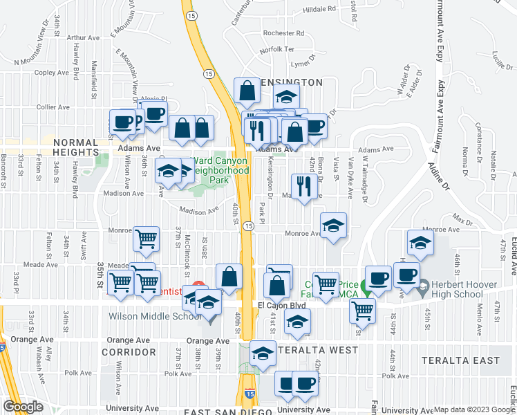 map of restaurants, bars, coffee shops, grocery stores, and more near 4553 Terrace Drive in San Diego