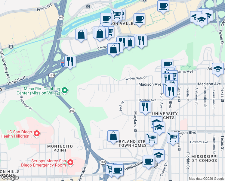 map of restaurants, bars, coffee shops, grocery stores, and more near 4561 Rhode Island Street in San Diego