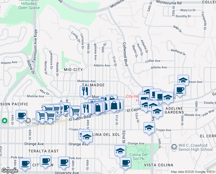 map of restaurants, bars, coffee shops, grocery stores, and more near 4555 Altadena Avenue in San Diego
