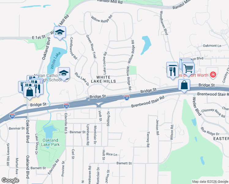 map of restaurants, bars, coffee shops, grocery stores, and more near 4920 Saint Lawrence Road in Fort Worth