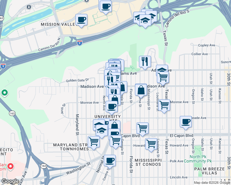map of restaurants, bars, coffee shops, grocery stores, and more near 4546-48 Georgia Street in San Diego