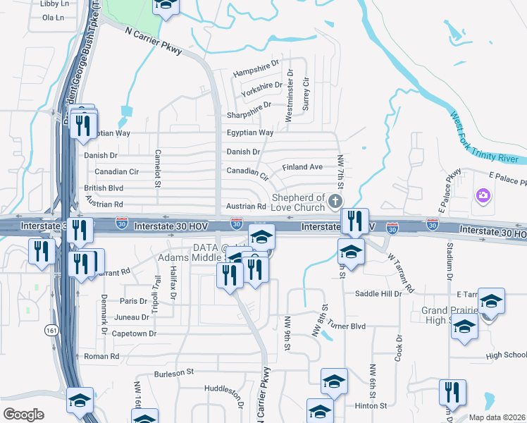map of restaurants, bars, coffee shops, grocery stores, and more near 817 Austrian Road in Grand Prairie