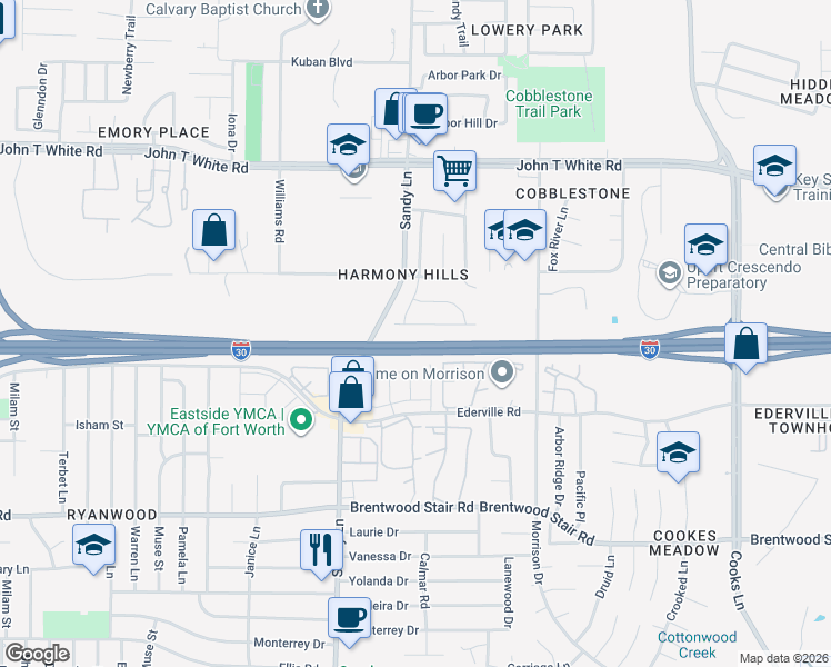 map of restaurants, bars, coffee shops, grocery stores, and more near 7424 Maroon Drive in Fort Worth