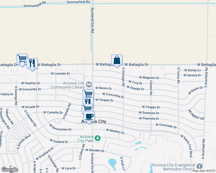 map of restaurants, bars, coffee shops, grocery stores, and more near 9418 West Raven Drive in Arizona City